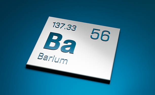 Barium, Ba, periodic table element, alkaline earth metal. Science, chemical element, structure, atomic weight, atomic number. 3D illustration