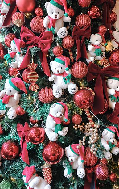 istock Whimsical Christmas Tree Decorated with White Teddy Bears, Red Ornaments, and Velvet Bows 2251559325