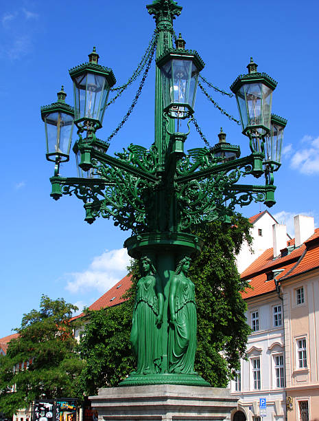 Street view of old town buildings and street lamps, Prague