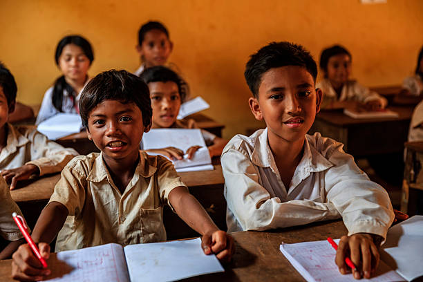 Cambodian children during language class in small school near Tonle Sap, Cambodia.
