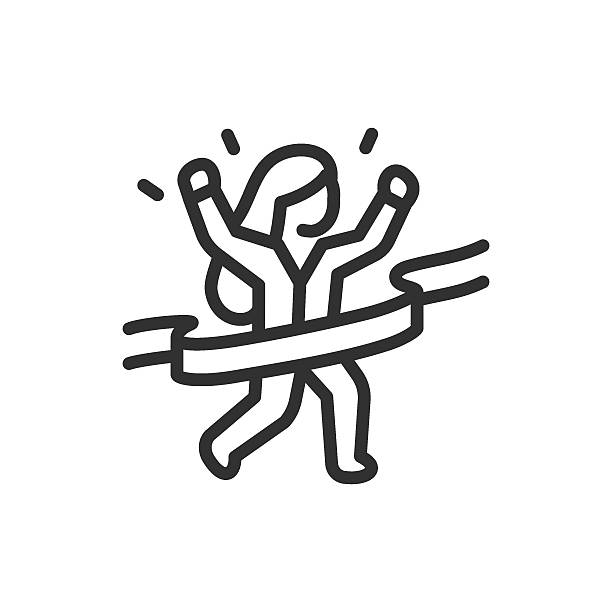 Woman crossing finish line, linear icon. Business victory and achievement. Line with editable stroke.