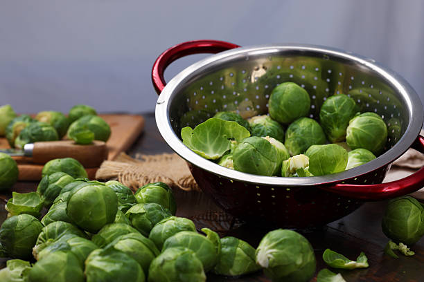 Freshly picked Brussel Sprouts in colander