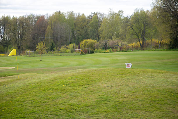 istock Golf Green With Yellow Flag And Direction Sign On Spring Hills 2251579602