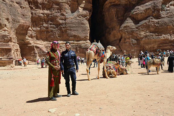 Petra, Jordan - Apr 01, 2015: Jordanian soldiers guards in Petra. Petra was originally the capital city of the Nabataeans, an ancient Arab civilization