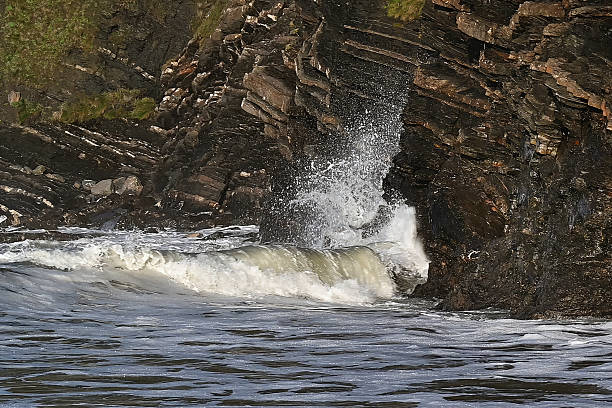 The Cantabrian Sea hits the black slate cliffs of Loiba in Espasante Coruna Galicia