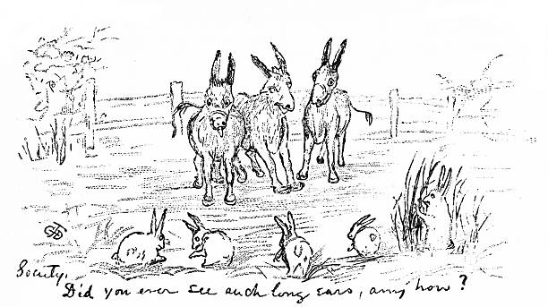 Long-eared donkeys criticize ears on rabbits. Caption: Society, did you ever see such long ears anyways?     Illustration published 1879. Original edition is from my own archives. Copyright has expired and is in Public Domain.