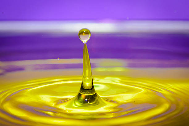 Single yellow water droplet forming a tall splash on calm surface, vivid abstract background in yellow and purple tones.