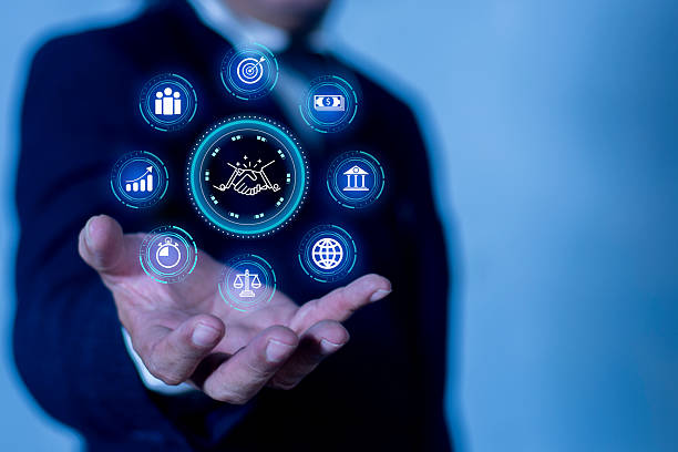 istock Hand agreement contract technology with icon. Business partnership. Global cooperation network. Startup funding crowdfunding investment venture capital. 2251592381