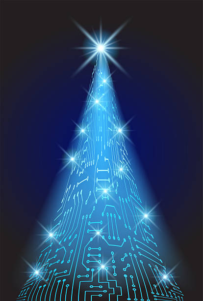 istock Christmas tree from electronic circuit with glowing star and sparkle lamps. Digital New Year card. 2251594739