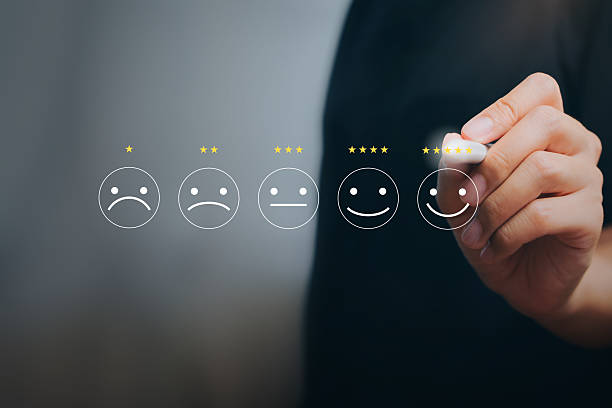 istock Customer satisfaction rating concept. Hand drawing five star smiley face feedback scale, service quality review, client experience survey, brand reputation management and trust building. 2251611107