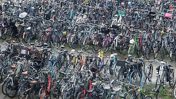 Heidelberg, Germany - June 21, 2025: Vast array of bicycles parked tightly together in an urban area, showcasing a busy bike parking lot during daylight.