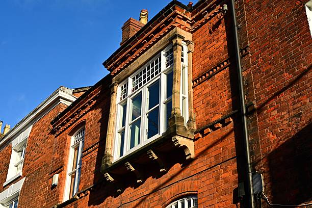 Architectural features of colonial buildings in Queen St. West. The area is considered a historic heritage district in the city of Toronto, Canada