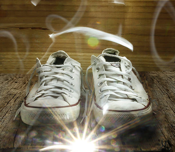 Modern art collage of flying in the air blue fashion sneaker with shadow.