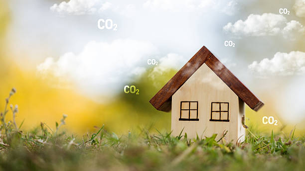 istock Wooden house model on green grass with CO2 text. Eco friendly home concept. 2251641981
