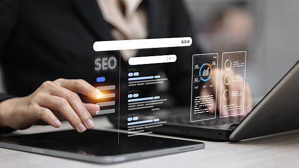 SEO optimization dashboard with search rankings and analytics interface Businessperson analyzing SEO dashboard with search bar, keyword rankings, data charts and optimization analytics. backlinks stock pictures, royalty-free photos & images