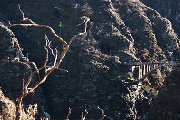 This reinforced concrete bridge was used by the Haut-Var tramway line from 1923 to 1929... It saw very little use after the tracks were removed in 1932. Today, this bridge is a popular spot for bungee jumping.Image taken looking northeast at an altitude of 780m