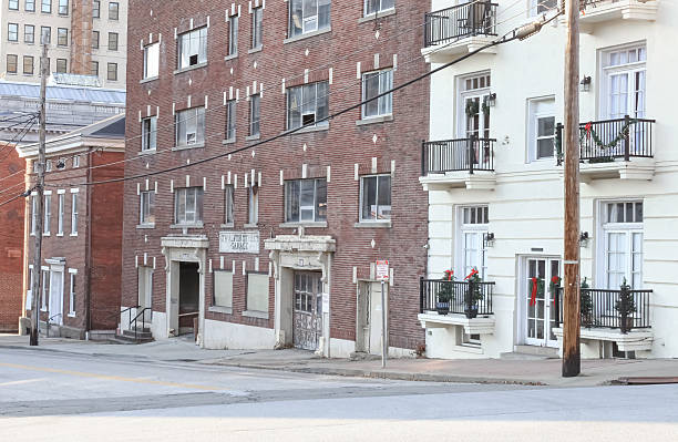 A view of historic buildings in the streets of Wheeling, West Virginia