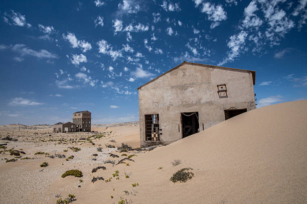 A deserted landscape with a small house and two trees. The house is old and abandoned, and the landscape is barren and desolate