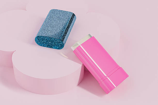 istock Glittery blue twist up cosmetic blush stick packaging mockup, Rotating Solid skincare cream container with blue glitter enclose cap, hot pink plastic containers for deodorants, beauty branding concept 2251662255