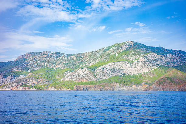 Panoramic coastal landscape featuring expansive green mountain slopes and rocky shoreline rising above a calm deep blue sea under a bright sky with soft clouds. The harmonious blend of ocean, forest, and mountains creates a serene yet adventurous atmosphere, perfect for travel inspiration, eco-tourism campaigns, wellness visuals, and clean background use with ample copy space