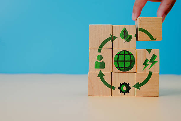 istock Circular economy concept, recycle, environment, reuse, manufacturing, waste, consumer, resources. LCA Life cycle assessment. Sustainability Wooden cubes; symbol of circular economy on grey background. 2251676052