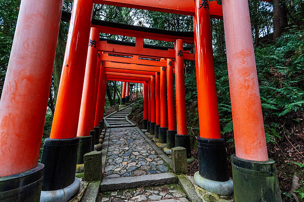 Kyoto, Japan - December 29, 2019. Outdoor scene showing the torii path with at Fushimi Inari-Taisha Shrine.