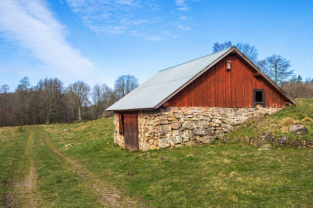 Old farm shed at a dirt road on a meadow