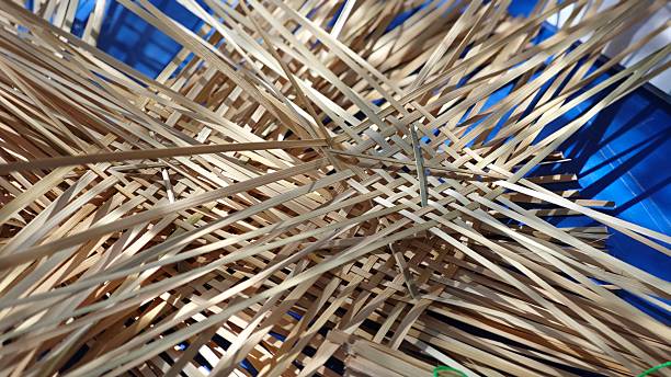 Hands weaving natural materials. Crafting bamboo basket. Basketry, basketwork or wickerwork.