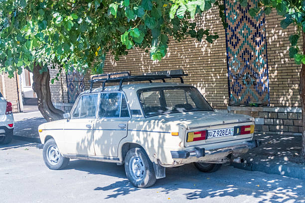 Samarkand City, Uzbekistan - August 4, 2025. Outdoor scene showing an old Lada, a classic russian car brand from the Sovjet-era.