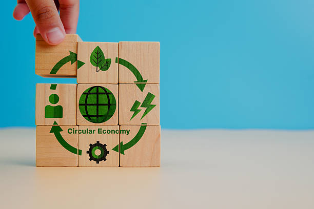 istock Circular economy concept, recycle, environment, reuse, manufacturing, waste, consumer, resources. LCA Life cycle assessment. Sustainability Wooden cubes; symbol of circular economy on blue background. 2251689245