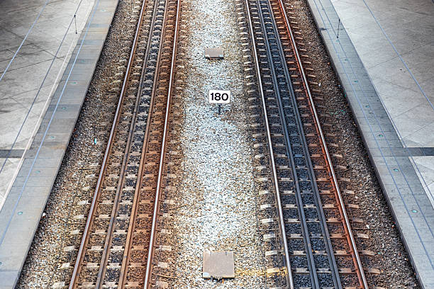 An aerial view of parallel railway tracks flanked by concrete platforms, gravel between the rails, and a small marker sign, creating a precise, urban transit scene full of symmetry.
