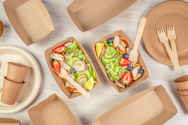 istock salad with chicken and vegetables served in recyclable containers. Eco friendly disposable dishes 2251695279