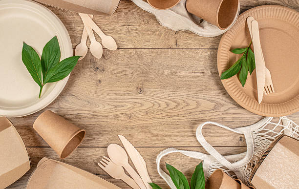 istock Paper plates, cups and bamboo cutlery set. Zero waste, eco friendly, plastic free background. eco concept 2251695280