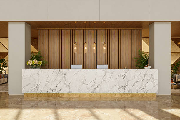 istock Modern Hotel Reception Desk with Marble Counter and Wooden Wall 2251695530