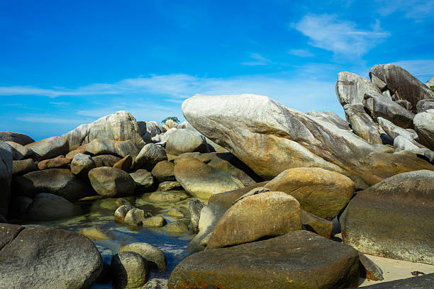 Ancient granite rock formations at Lengkuas Island beach, Belitung. A famous geological landmark and tourist destination in the Indonesian UNESCO Geopark.