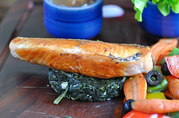 grilled salmon, salmon steak or fish steak and vegetable for serve