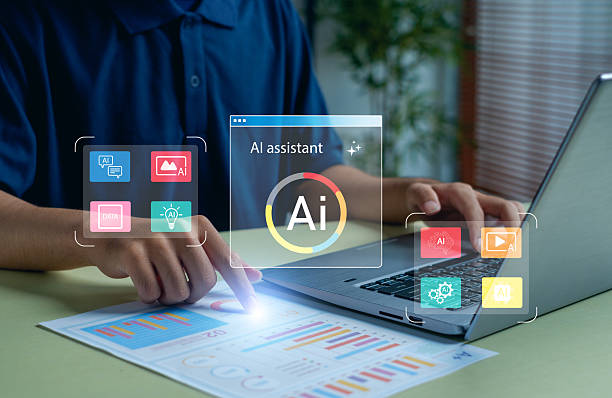 istock AI assistant concept showing person analyzing data with holographic icons, digital interfaces, representing automation, intelligent analytics, productivity enhancement, modern workflow support. 2251712341