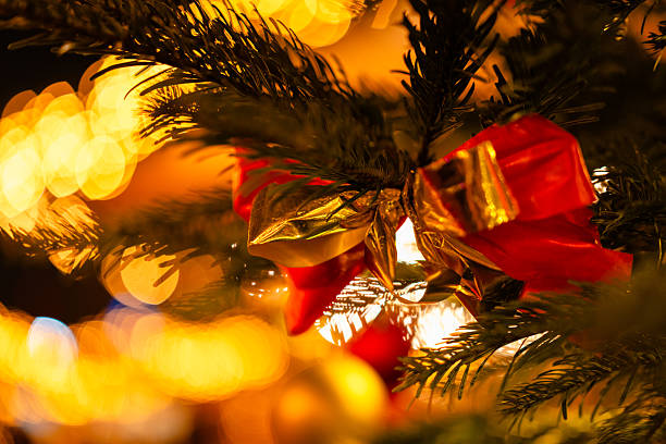 A close-up of a festive red and gold ribbon tied to a Christmas tree branch, illuminated by warm glowing lights.