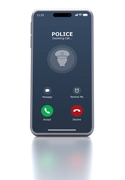 A smartphone screen shows an incoming call from the police. Digitally generated image