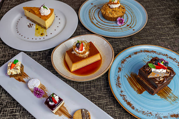 Assorted gourmet desserts with flan cakes pastries and chocolate sweets