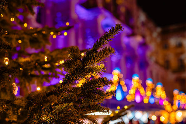 Christmas tree branch in focus with festive holiday lights in the background.