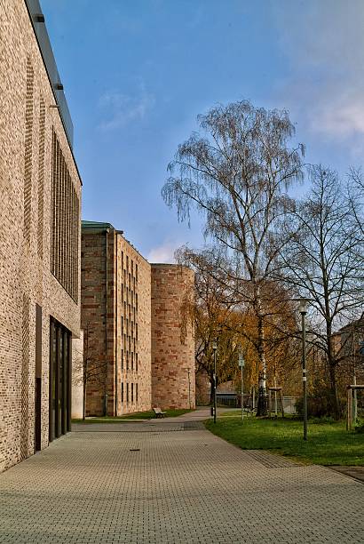istock Brick Wall, Stone Path, Tall Trees and Church Tower, German Town 2251723028