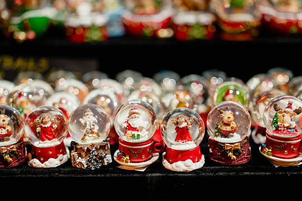 Festive winter decorations with Christmas snow globes.