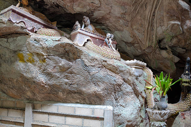 Reclining stony thai buddhas above Nakhon snake in Chiang Dao Cave in Chiang Dao district north of Chiang Mai. Cave is large labyrinth of ways into rocks.