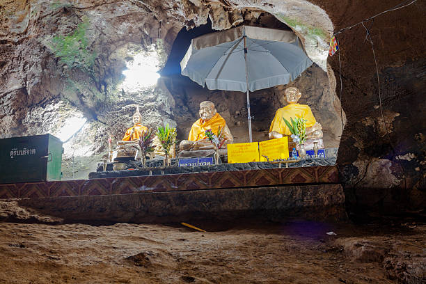 Thai buddha and monks statues in Chiang Dao Cave in Chiang Dao district north of Chiang Mai. Cave is large labyrinth of ways into rocks.
