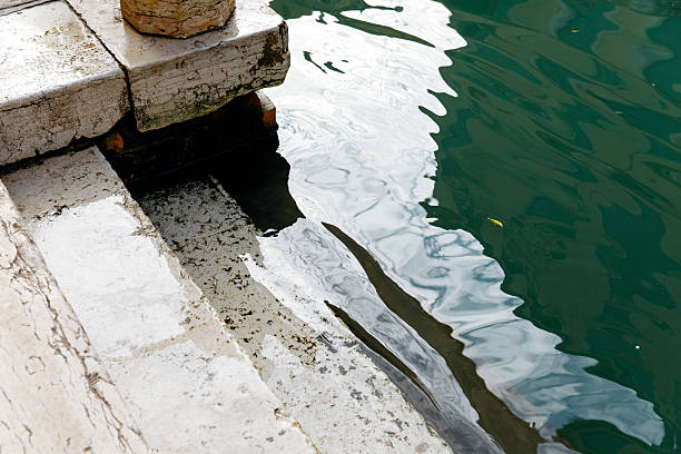 Vintage concrete poolside with weathered textures and reflections