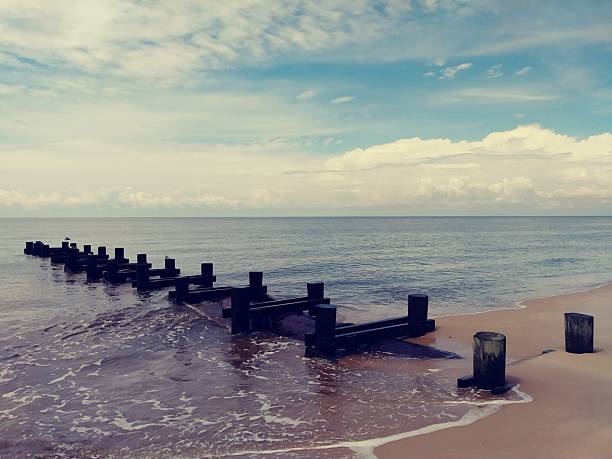 Groynes jut into the horizon in the Baltic Sea. Breakwater at the sea with light waves. Landscape shot at the sea