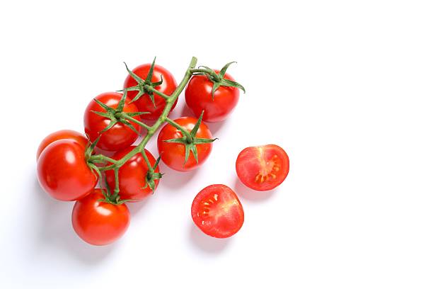 istock Flat lay composition with fresh cherry tomatoes on white background. Ripe vegetables 2251728148