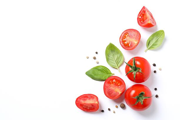 istock Fresh red tomatoes, pepper and basil on white background, top view 2251728158