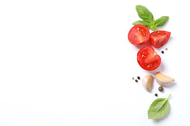 istock Fresh red tomatoes, pepper and basil on white background, top view 2251728177